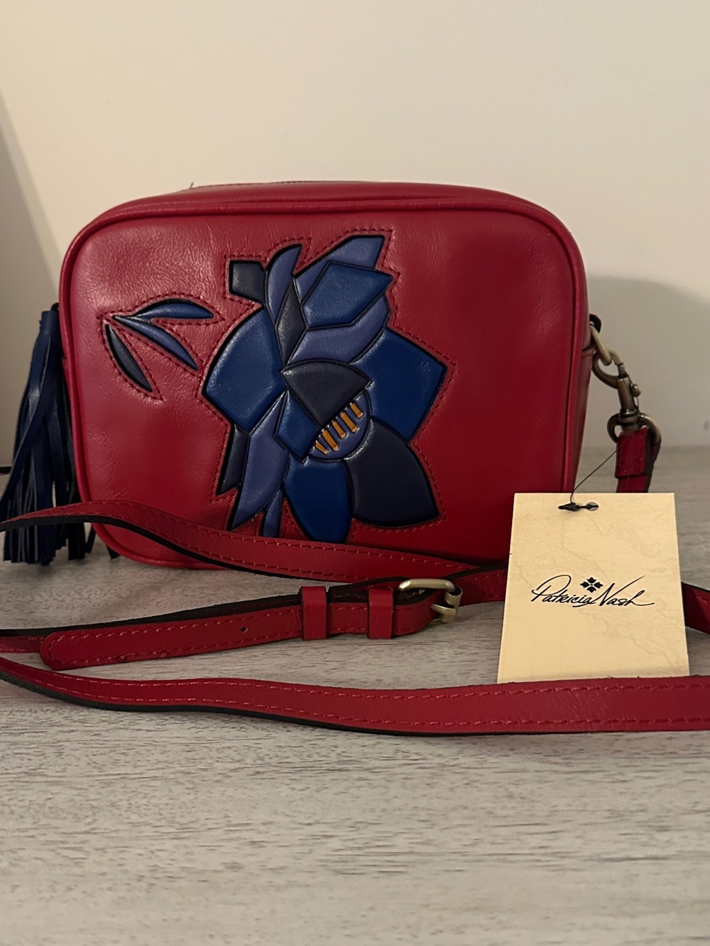 Patricia Nash Red Leather Floral Appliqué Camera Crossbody Bag NWT